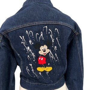 Vintage 80s Wrangler‎ Denim Cropped Jacket Hand Embroidered Mickey Mouse Disney